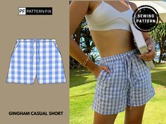 the gingham casual shorts pattern is available in sizes ranging from small to large