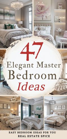 Elevate your master bedroom effortlessly with these 47 stunning design ideas, from elegant nightstands and sophisticated table lamps that enhance ambiance to luxury statement ceiling lights that draw the eye. You'll find plush bedding and decorative throw pillows that create a welcoming and cozy retreat for you. Stylish footrests provide the perfect finishing touch.  Get inspired to create a dreamy sanctuary you'll love! RealEstateSpice.com #BedroomInspiration Bedroom With White Nightstands, Formal Bedroom Ideas, Bed Throw Pillow Ideas, Oasis Bedroom Ideas Inspiration, Primary Bedroom Decor Ideas, Beautiful Primary Bedrooms, Masterbedroom Bedroom Decor, Calm Master Bedrooms Decor, Luxurious Bedroom Decor Ideas