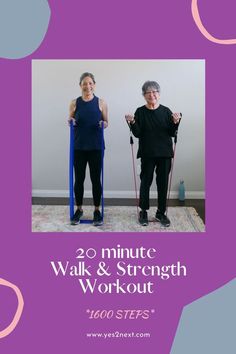 two women doing exercises on exercise mats with the words 20 minute walk and strength workout