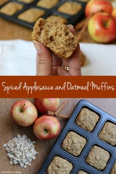 a person holding an apple and oatmeal muffin in front of some apples