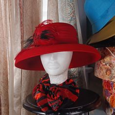 A Red Kathy Jeanne Year-Round Felt Hat Accentuated With Red Sequin Surrounded With Black And Red Feathers. Brand: New York Condition: Nwot Color: Red And Black Size: 22" Diameter Red Fedora Hat For Formal Occasions, Red Mini Hats For Spring, Red Formal Fedora Hat, Fitted Red Hats With Curved Brim, Fitted Red Hat With Curved Brim, Red Formal Hat For Winter, Formal Winter Red Felt Hat, Red Formal Winter Hat, Winter Formal Red Hat