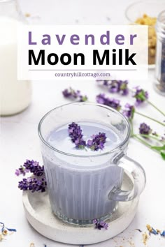 glass mug with lavender milk Lavender Moon Milk, Moon Milk Recipe, Bedtime Drink, Kitchen Witch Recipes, Moon Milk, Lavender Moon, Tea Drink Recipes