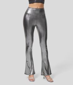 Women's Cloudful™ Shine Fabric Mid Rise Metallic Foil Print Stretchy Party Faux Leather Slight Flare Pants. Machine wash cold. Do not dry clean. Do not iron. Do not bleach. Wash with like colors. Turn garment inside out. Shiny Fitted Bottoms For Night Out, High Waist Shiny Pants For Night Out, Shiny Leggings For Night Out, Shiny Fitted High-waisted Pants, Fitted Shiny High-waisted Pants, Fitted Shiny Bottoms For Evening, Metallic Stretch Pants For Night Out, Metallic Fitted Full-length Pants, Chic Shiny Fitted Bottoms