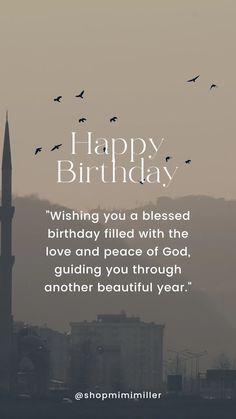 a black and white photo with the words happy birthday written on it in front of a cityscape