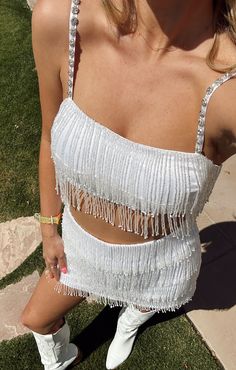 Made for bachelorette weekends! The Swift Fringe Top is a cute crop with beaded detailing. The ultimate 'fit with the matching Swift Fringe Skort and white cowboy boots. White Bachelorette Party Outfit, White Bachelorette, White Cowboy Boots, Bachelorette Party Outfit, Rehearsal Dinner Dresses, Halter Jumpsuit, Fringe Top, White Jumpsuit, Beaded Fringe