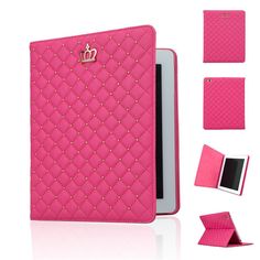 a pink ipad case with diamonds and a crown on the front, next to other accessories