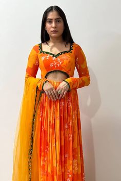 Yellow, orange padded anarkali with bloom print and sequin, mirror, crystal drops embroidered neckline and waist in front. Paired with border embroidered dupatta. - Aza Fashions Anarkali Georgette, Yellow Anarkali, Anarkali With Dupatta, Mirror Crystal, Embroidered Dupatta, Embroidered Neckline, Fashion App, Crystal Drop, Sweetheart Neck