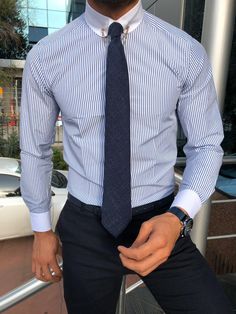 Slim-Fit Striped Chain Collar Shirt Blue-baagr.myshopify.com-Shirt-BOJONI Blue Striped Shirt Outfit Men, Shirt And Tie Outfits, Striped Shirt Outfit Men, Blue Striped Shirt Outfit, Tie Outfit, Church Clothes, Shirt Outfit Men, Shirt And Tie, Chain Collar