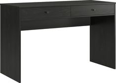 a black desk with two drawers and one drawer on the bottom shelf, against a white background