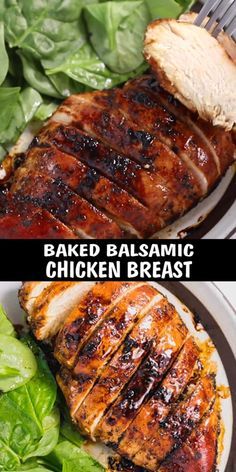 grilled balsamic chicken breast on a plate with lettuce