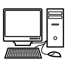 a black and white image of a desktop computer with a keyboard, mouse and monitor