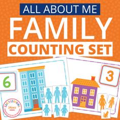 the all about me family counting set is shown in orange and blue, with an image of