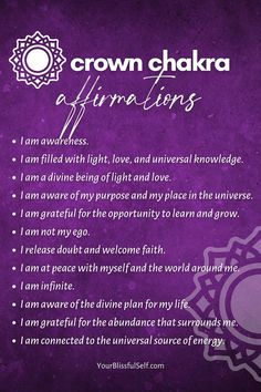 a poem written in white on a purple background with the words crown chakra affirmations