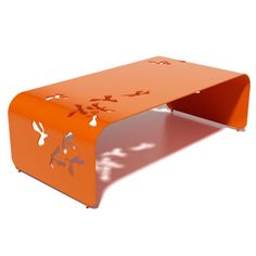 an orange coffee table with butterflies on the top and bottom, sitting in front of a white background