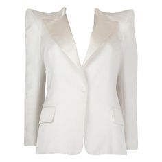 Balmain tuxedo blazer in off-white cotton (51%), polyester (39%), and silk (100%). With satin peak collar, peak shoulders, two flap pockets on the sides, and buttoned sleeves. Closes with one fabric-lined button on the front. Lined in off-white satin silk (100%). Has been worn and is in excellent condition. Tag Size 40 Size M Shoulder Width 44cm (17.2in) Bust From 90cm (35.1in) Waist From 74cm (28.9in) Hips From 94cm (36.7in) Length 60cm (23.4in) Side Seam Length 42cm (16.4in) Sleeve Length 55cm Off White Blazer, Balmain Blazer, White Louis Vuitton, Structured Jacket, Crepe Blazer, Tuxedo Blazer, Military Style Jackets, Silver Button, Cocktail Evening Dresses