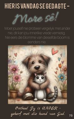 a dog and cat sitting next to each other on a brown background with words written in german