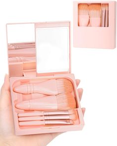 PGRODE Travel Size Makeup Brushes Mini Set with Hard Case and Built-in Mirror, 5Pcs Small Cosmetic Brushes, On the Go Brush Travel Essentials kits for Women, Girls Gift (Light Pink) Description and features Small Makeup Brush Set: Contains five brushes, including eyeshadow brush, powder brush, shadow brush, lip brush and blush brush. Allows you to apply flawless and professional makeup every time. And it comes with a handy mirror that is built into the compact case, making it easy to use on the go Fluffy and Loose Brushes: Our easy taken cosmetic brushes are made of synthetic fiber, delicate, soft and provide smooth even coverage. With a shiny smooth surface handle, which are made of ABS material, comfortable grip, perfect for traveling or just everyday use Lightweight and Portable:This tr Makeup Graphics, Travel Size Makeup Brushes, Travel Size Makeup, Complete Makeup, Travel Makeup Brushes, Best Makeup Brushes, Eyeshadow Brush, Mini Makeup, Brown Eyeshadow