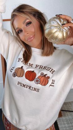 Embrace the fall vibes with our Farm Fresh Pumpkins Crewneck Sweatshirt - This cozy crewneck is crafted for comfort + style! The perfect addition to your fall wardrobe Farm Fresh Pumpkins Sweatshirt Crewneck Comfy + Cozy 68% Cotton, 32% Polyester Measurements: Measured lying flat XS: Sizing: (0/3) | Length: 26” S: Sizing: (4/6)| Length: 26 1/2” M: Sizing: (8/10) | Length: 27” L: Sizing: (12/14) | Length: 27 1/2” Model Specs: Karli is wearing a size small in the photo.How will this item fit you? Check out our MODEL SPECS (Typical Sizing - Karli: S-Size 5/26 - 5ft 2in, Emily: S-Size 3/25 - 5ft 5in, Syd: L/XL- Size 15/ - 5ft 8in)Need help with sizing? No problem! Join our VIP group on Facebook, Everyday Chic Boutique VIP Insiders to chat directly with our team and other customers just like yo Fall Loungewear T-shirt, Fall Loungewear Sweatshirt, Fall Loungewear Crew Neck Sweater, Cozy Fit Crew Neck Sweatshirt For Fall, Cozy Letter Print Tops For Fall, Cozy Fit Fall Sweatshirt, Fall Crew Neck Sweater With Graphic Print, Fall Graphic Print Crew Neck Sweater, Trendy Cozy Fit Sweatshirt For Fall