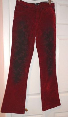 JEGAINS MATTIOLO velvet looking dark red jeans,  unique darker flowers, straight legs, size 28 Punk Jeans, Jeans Unique, Dark Flowers, Red Jeans, Dark Red, Red Velvet, Straight Leg, Velvet, Flowers