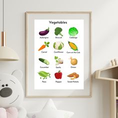 a white teddy bear sitting next to a poster with vegetables on it