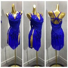 three different views of a mannequin wearing a blue dress with tassels