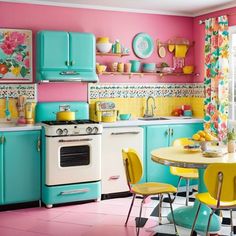 a colorful kitchen with yellow chairs and pink walls, white stove top oven and blue cabinets