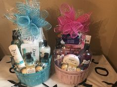 two baskets filled with personal care products on a table