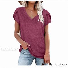 Lasaky - Timeless Classic Pure Color Tee Summer Tees, Tee Shirt Fashion, Athleisure Tops, Athleisure Women, Petal Sleeve, Womens Tops Summer, Plus Size Kleidung, Cotton Pullover, Elegant Shirt