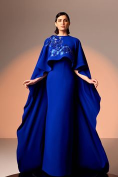 Her Trove - Crepe dress with floral lace cape Royal Blue Cape Dress, Caped Gown, Choir Outfits, Postpartum Dress, Cape Dress Long, Wedding Dress Cape, Evening Dress With Cape, Postpartum Dresses, Blue Gowns