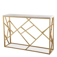 a gold and white console table with glass shelves on each side, in front of a white background