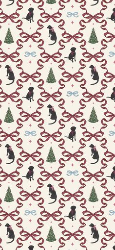 a dog sitting next to a christmas tree on top of a white wallpaper covered in red and blue ribbons