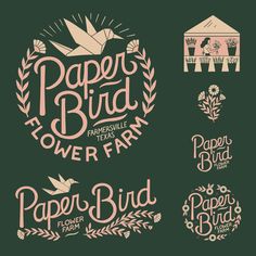 paper bird flower farm logo and sticker set on dark green background with pink lettering