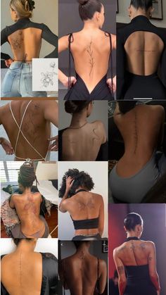 the back of a woman's body is shown in multiple pictures, including tattoos