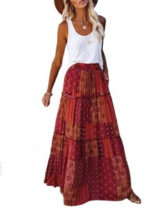 Red Boho Print High Waist Long Maxi Skirt Casual Red Skirt For Vacation, Bohemian Red Skirt For Fall, Red Long Skirt For Vacation, Red Tiered Skirt For Vacation, Red Tiered Maxi Skirt For Summer, Red Tiered Maxi Skirt For Vacation, Casual Red Maxi Skirt For Vacation, Casual Red Long Skirt, Casual Red Maxi Skirt For Summer