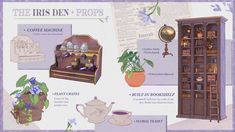 the iris den prop's coffee machine, potted plant, teapot and china cabinet