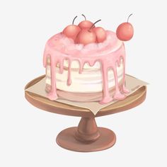 a cake with pink icing and cherries on top