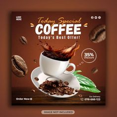 a coffee advertisement is displayed on a brown background