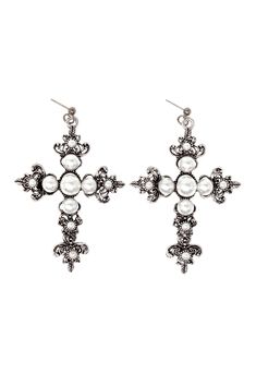 DESCRIPTION Pair of stud earrings in silver-coated metal. Pearl cross body. Post stud fastening. MADE IN NEW YORK DETAILS Length : Approx. 3" Body : Silver-Coated Brass Silver Coat, Cross Earrings, Silver Pearls, Pearl White, Cross Body, Silver Tone, Stud Earrings, Brass, New York