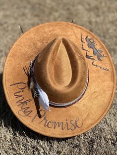 Pinky Promise - Custom hand burned wide brimmed Boho Western Hat made to order just for you.  Colors: Cream Sand (Light Tan) Cognac (Dark Tan) When my dad passed away, I made my mom a hat to commemorate him... with places they've traveled, songs they sung, and things that reminded her of him. I loved it so much, I made myself one with my moms favorite Bible verse, my dads ammo casing and so many things I cherish. When I posted them to my friends, I started getting others wanting a special custom Cody Johnson, Promise Band, Hand Burn, To My Friends, Western Hat, Cowgirl Hat, Moms Favorite, Pinky Promise, Western Hats