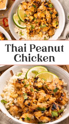 thai peanut chicken with rice and limes on the side