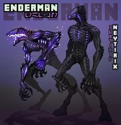 an image of two alien like creatures in purple and black colors with the words enderman alien next to them