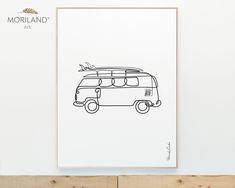 a black and white drawing of a van with surfboards on top