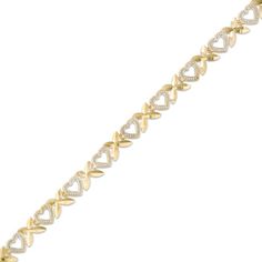 Celebrate your romance with the sweet hugs and kisses this charming bracelet provides. Crafted in 10K two-toned gold, this bracelet features alternating diamond-cut "X" links and shimmering white gold open hearts that combine to create a charming garland of love. A look she'll treasure, this 7.25-inch bracelet is polished to a bright shine and secures with a durable lobster claw clasp. Gold Tennis Bracelet For Valentine's Anniversary, Gold Tennis Bracelet For Anniversary On Valentine's Day, Sweet Hug, Zales Jewelry, Jewelry Accessories Ideas, Hugs And Kisses, Open Heart, Heart Bracelet, Bracelet Designs