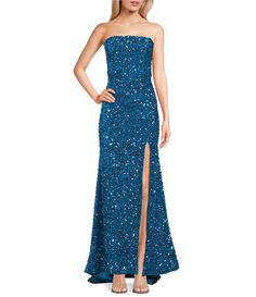 From B. Darlin&#x2C; this dress features:Allover sequinsStraplessSleevelessLong length with trainZip back closurePolyester/spandexSpot cleanImported. Zyla Colors, Strapless Long Dress, Dress With Train, Sequin Midi Dress, Formal Dresses Gowns, Sequin Prom Dresses, Casual Night Out, Strapless Gown, Junior Dresses