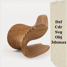 a wooden chair sitting next to a piece of paper that says dxf cdr syg obj 3ds max