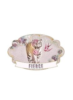 a white tiger standing on top of a pink flower covered plate with the word fierce in it's center