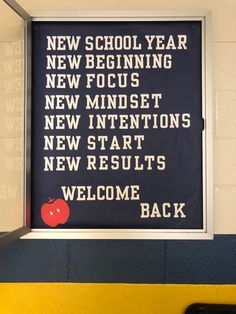 a sign that reads new school year, new beginning, new minds, new intentionss, start results, welcome back