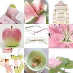 a collage of pink and green items including an apple, watermelon, eyeglasses