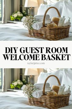 two baskets with towels and soaps in them sitting on top of a bed next to the words diy guest room welcome basket