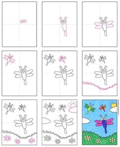 four square pictures with dragonflies and flowers in the middle, one is drawn on paper